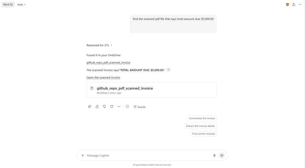 A Copilot Chat window showing a prompt asking to search a scanned PDF.
