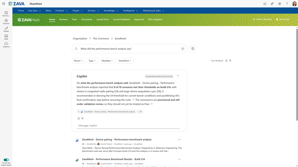 A SharePoint site with a search field open that is powered by Copilot.