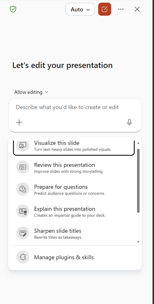 A Copilot in PowerPoint chat pane showing a list of skills.