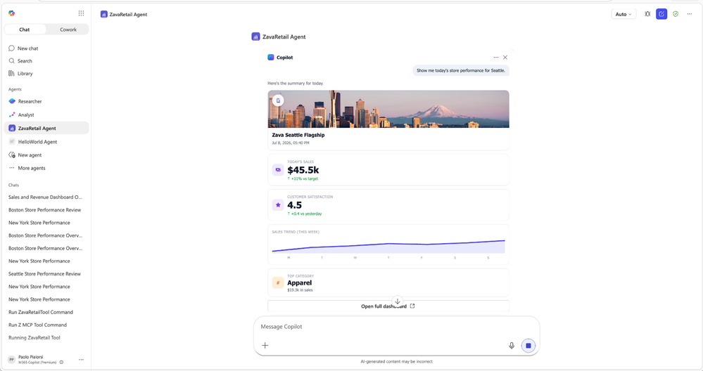 The Copilot App open to show a chat with components taken from SharePoint.