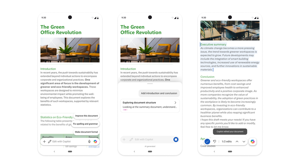 Three mobile phone screenshots from an Android device showing a Word document being edited with Copilot.