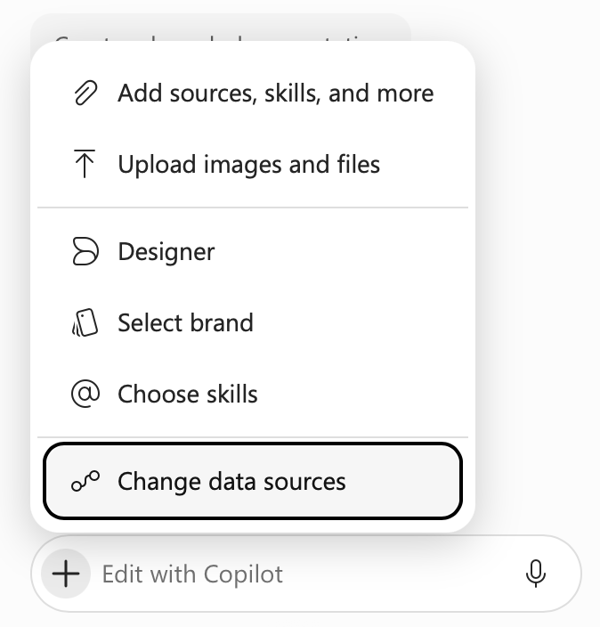 A list of a menu in Copilot in PowerPoint showing options to change data sources.