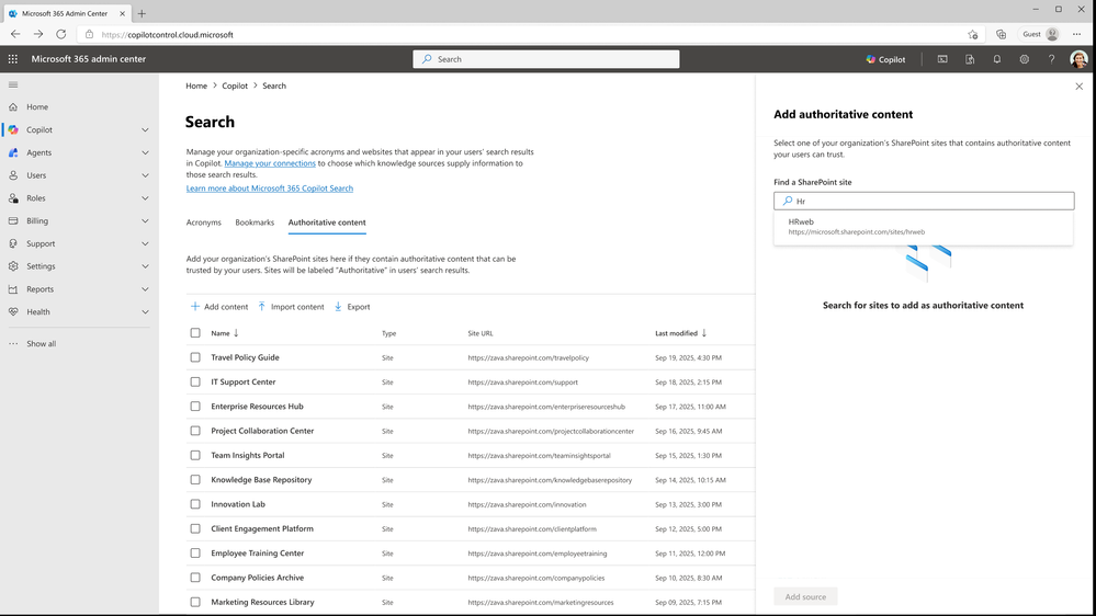 Screenshot showing Copilot Search in the Microsoft 365 Admin center, with a list of authoritative SharePoint sources and the function of the search dialog.
