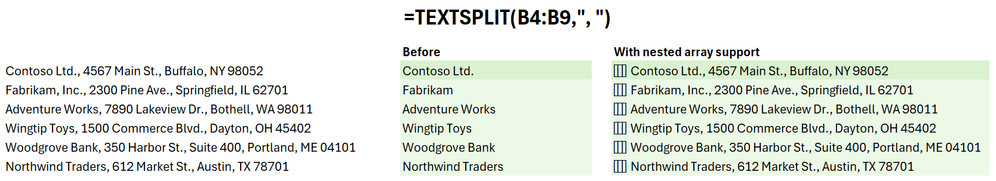 improved behavior for existing formulas with nested array support, e.g. =TEXTSPLIT(B4:B9,
