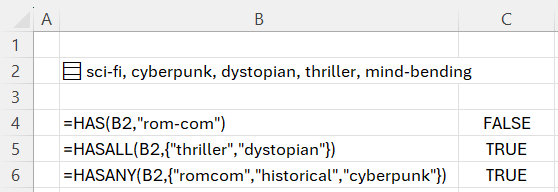 examples using HAS, HASALL, HASANY on tags describing a movie