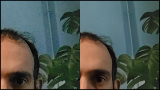 Two images of the corner of persons head showing the noise reduction quality of the AI noise reduction feature