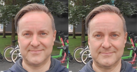 two images of a man demonstrating the ai enhancement capability