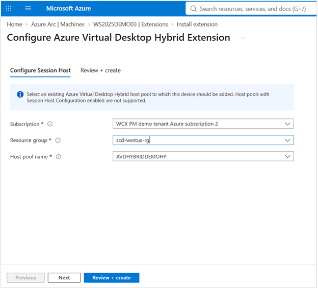 The image displays a configuration page for setting up an Azure Virtual Desktop Hybrid Extension, where users select an existing Azure Virtual Desktop Hybrid host pool for the device. AI-generated content may be incorrect.