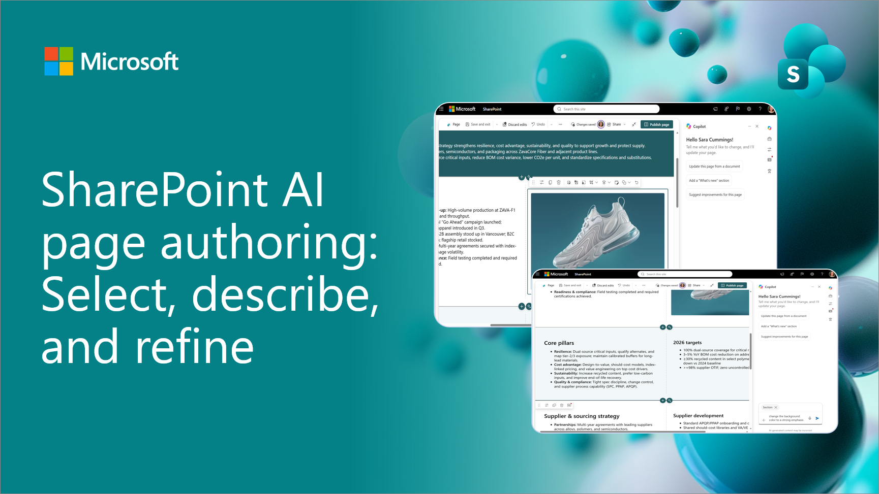 Microsoft TechCommunity image for SharePoint AI page authoring: Select, describe, and refine