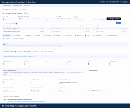 Synthetic native-interface tour of all Change Explorer tabs, Evidence Locker content, and an existing case
