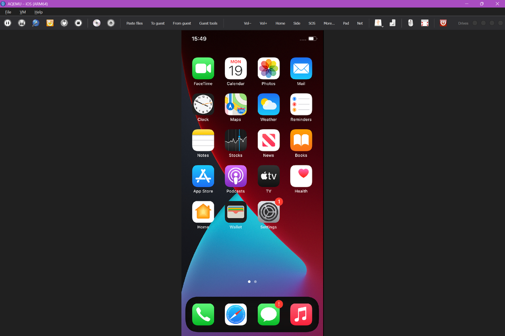 iOS 14 home screen running in AQEMU on Windows 11 on Arm