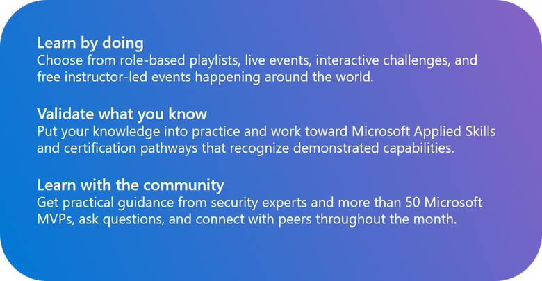 Learn by doing&nbsp;  Choose from role-based playlists, live events, interactive challenges, and free instructor-led events happening around the world.&nbsp;  Validate what you know&nbsp;  Put your knowledge into practice and work toward Microsoft Applied Skills and certification pathways that recognize demonstrated capabilities.&nbsp;  Learn with the community&nbsp;  Get practical guidance from security experts and more than 50 Microsoft MVPs, ask questions, and connect with peers throughout the month.