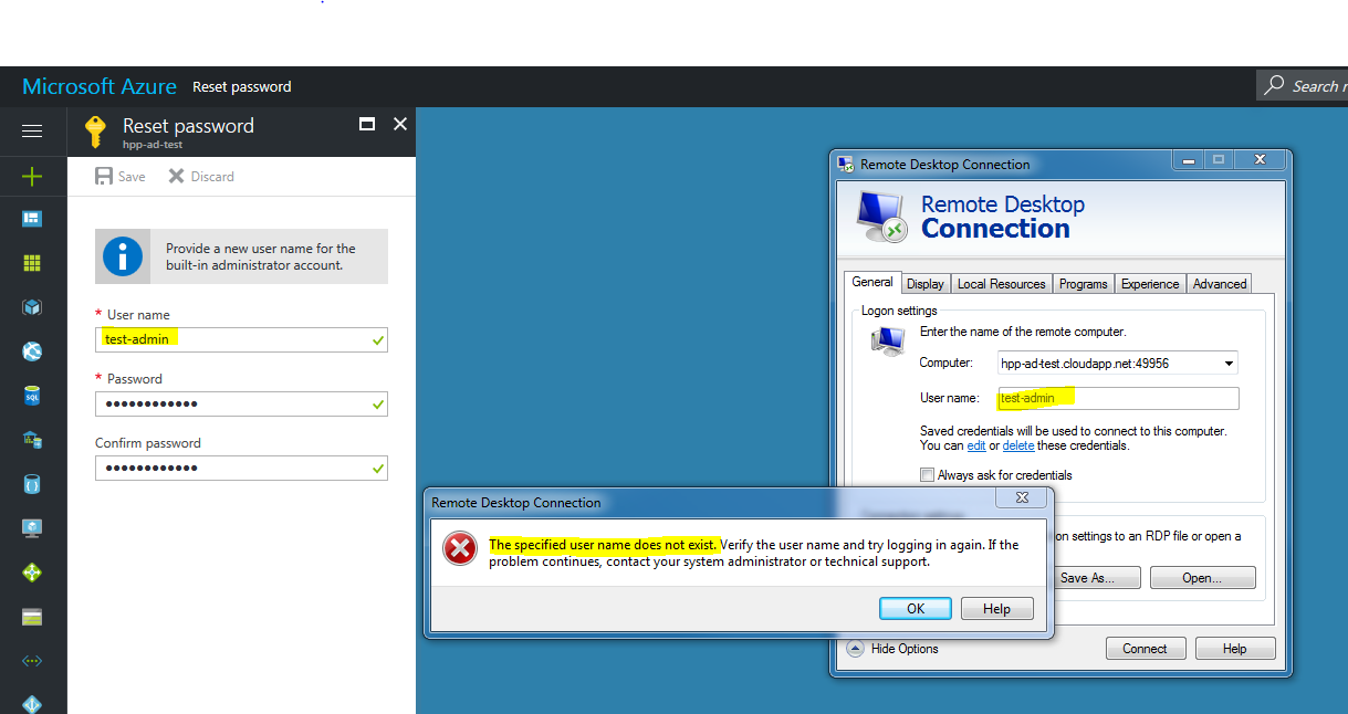 Credentials not recognized in Azure VM | Microsoft Community Hub