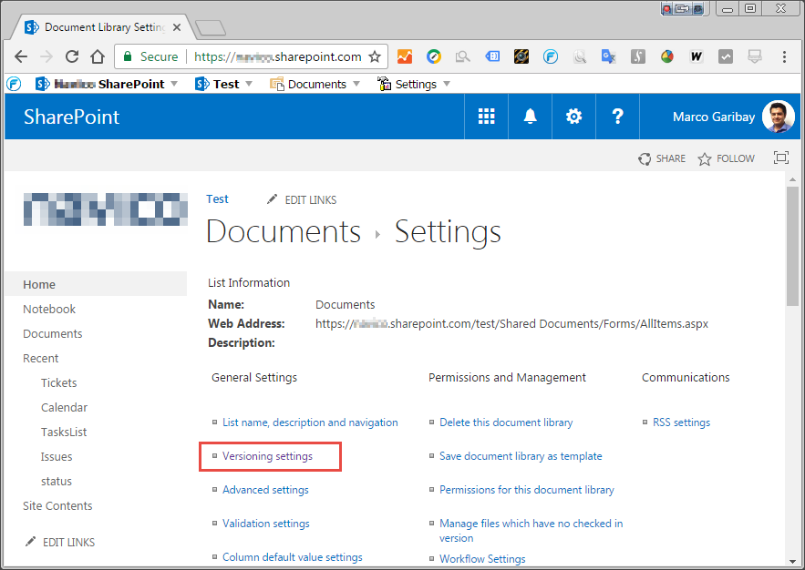 SharePoint library with no check in enabled - Library Settings Menu.png