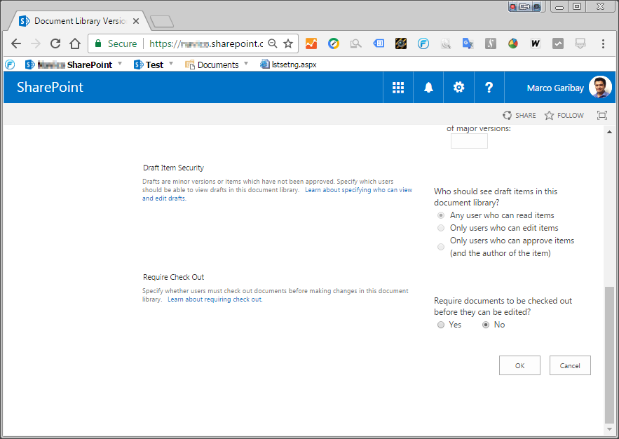 SharePoint library with no check in enabled - Versioning Settings.png