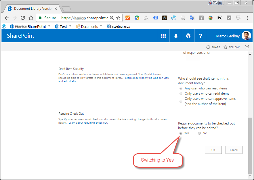 SharePoint library with check in enabled - Versioning Settings.png