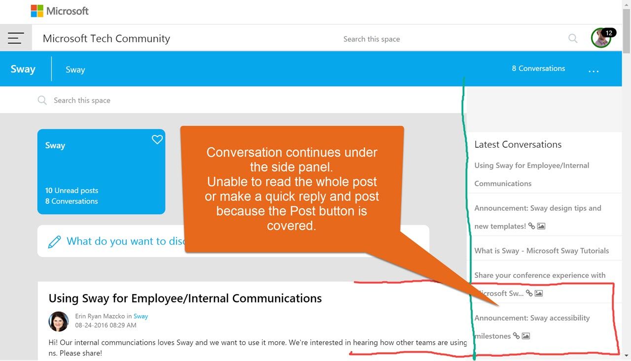 Posts are covered by the side panel | Microsoft Community Hub