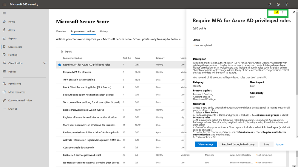 2019 - Microsoft 365 Security Center - Collaboration - Blog - Vibranium - Image 02 - Secure Score - Share Button.png