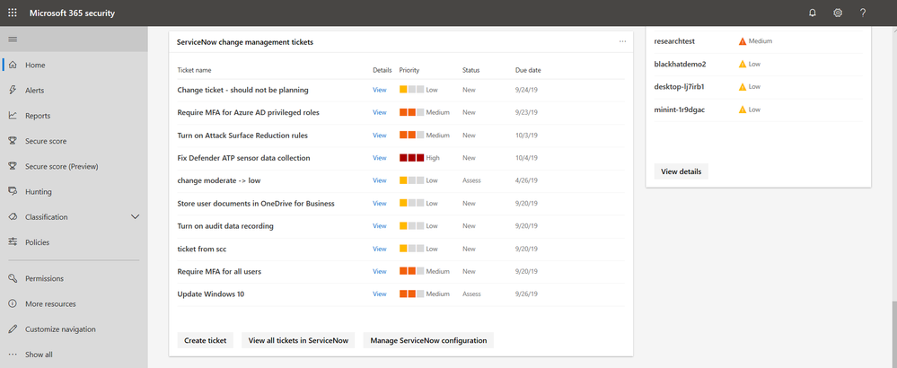2019 - Microsoft 365 Security Center - Collaboration - Blog - Vibranium - Image 05 - ServiceNow Card.PNG