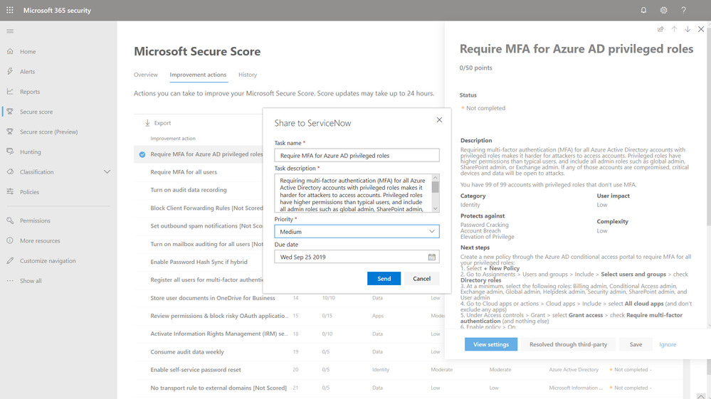 2019 - Microsoft 365 Security Center - Collaboration - Blog - Vibranium - Image 04 - ServiceNow Selected.PNG