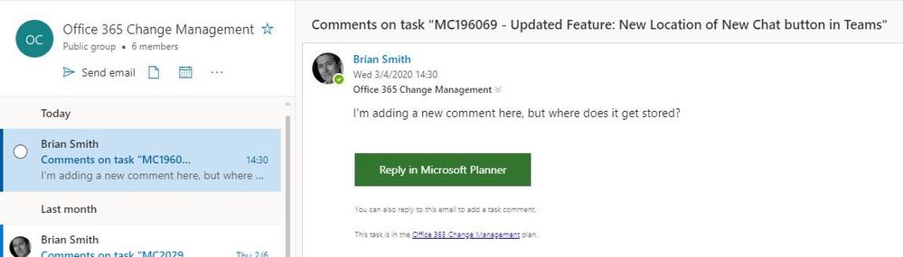 The entered comment showing up in the Group email inbox