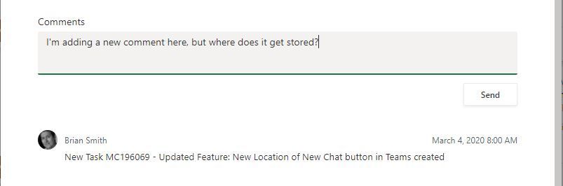 Screenshot showing a comment being added in Planner - with the text where does this get saved