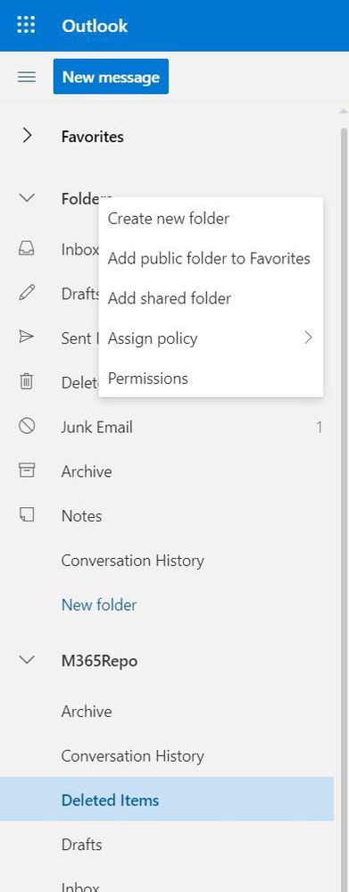 A folder list in Outlook Web App showing the ability to add  shared folder and a previously added folder for a Group that includes the deleted items