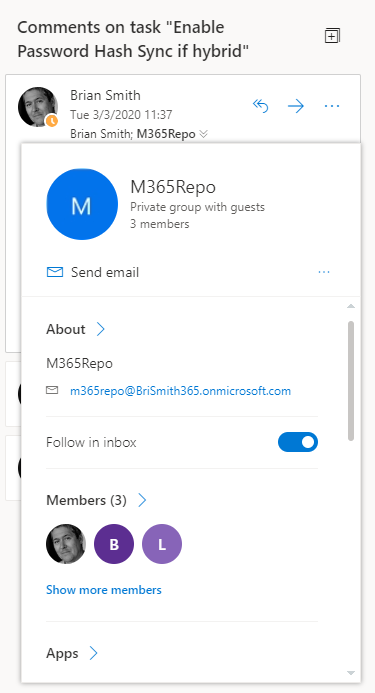The hover over dialog for a group - with the slider option to not follow the group emails