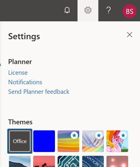 The settings options for Planner, under the gear icon and showing License, Notifications and Send Planner Feedback