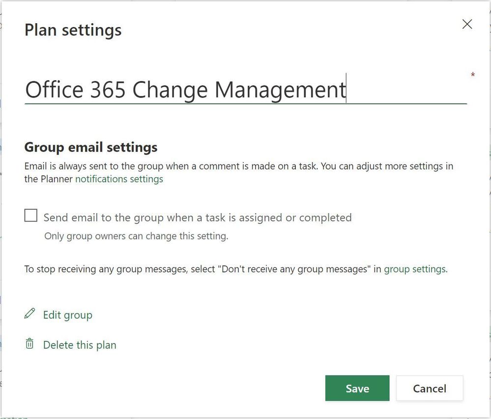 The Plan Settings dialog where a setting can be selected to sned email to the group when a task is assigned or completed