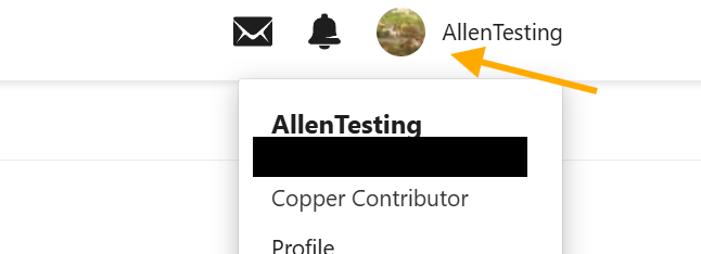 Arrow, pointing to the user avatar menu on the top right of all pages