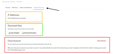 Screenshot showing Security & Account, the last tab in the navigation. Ip Addresses, Download Data and Close Account