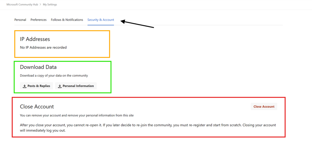 Screenshot showing Security & Account, the last tab in the navigation. Ip Addresses, Download Data and Close Account