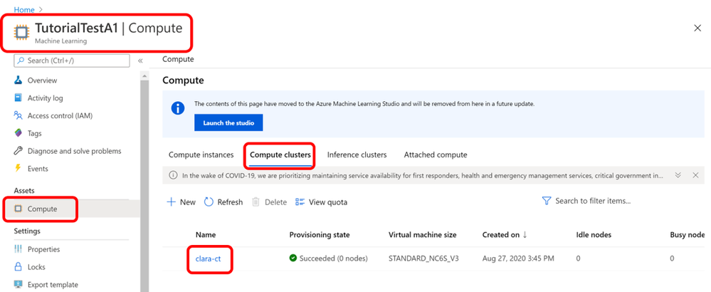The compute resources instantiated and configured by the NGC-AzureML Quick Launch toolkit can be viewed in the Azure Console as well