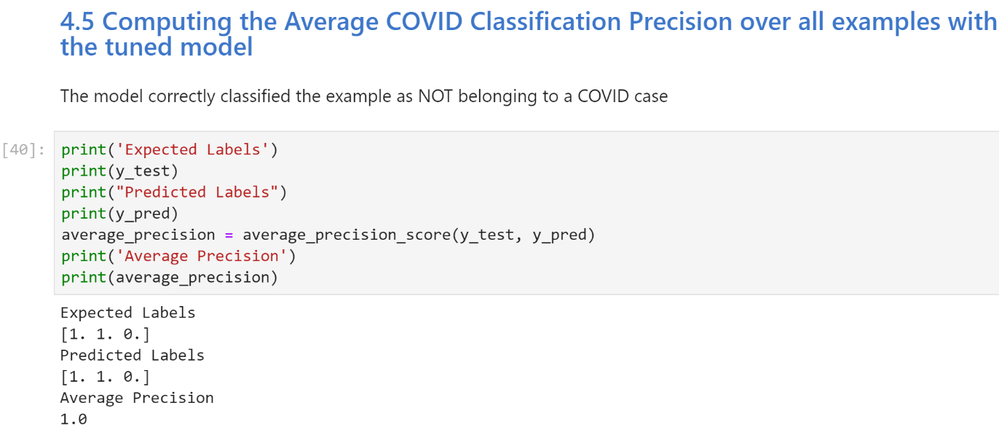 The testing set of data from the reference dataset that was previously sliced for training and testing is used to test the performance of the fine-tuned model. The predicted labels classified by the fine-tuned model compared against the expected labels from the annotated reference dataset establish an improved accuracy and precision over the previously set base-line precision without fine-tuning the model