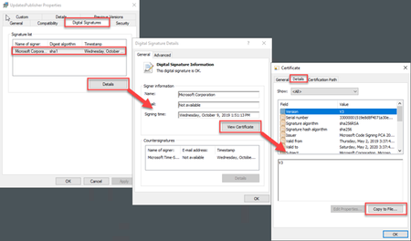 Code-signing certificate dialog boxes on a Windows device.