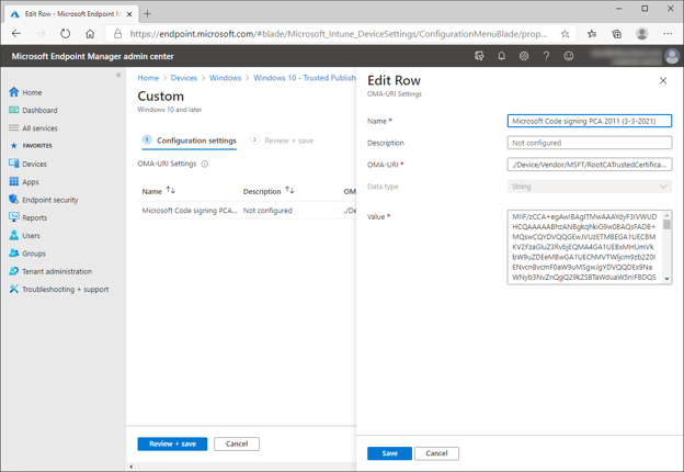 Intune - OMA-URI policy settings.