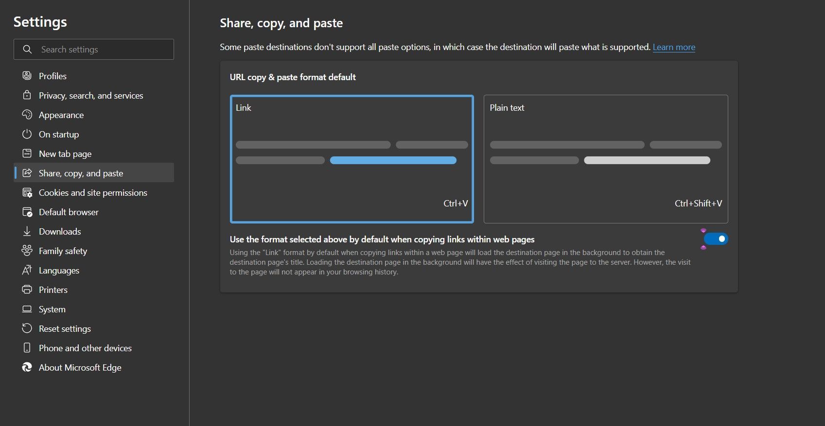 A kind of curious toggle button added to Share, copy, and paste in Edge ...