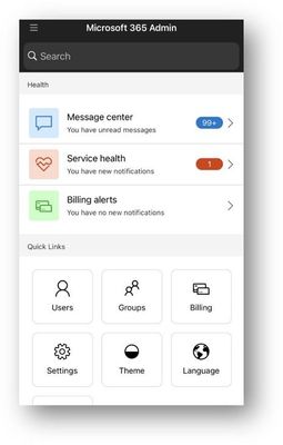 Microsoft 365 admin mobile app - Home screen.
