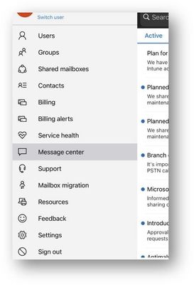 Microsoft 365 admin mobile app - Message center option.