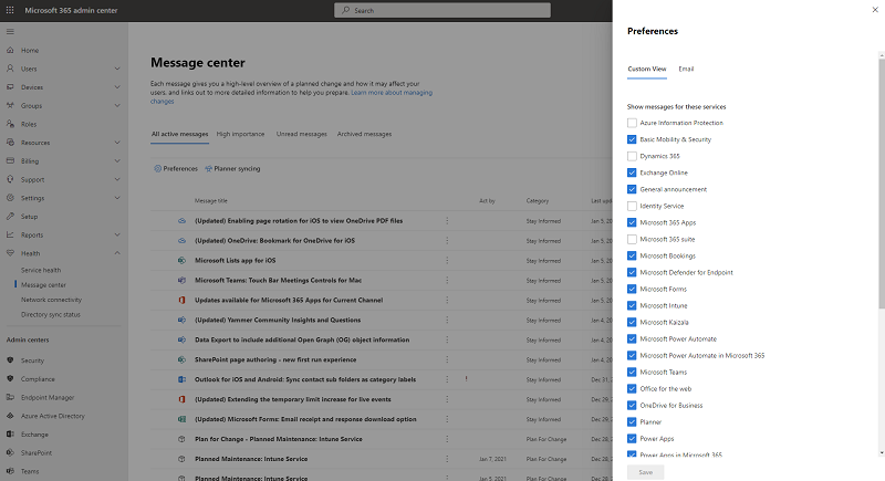 Microsoft 365 admin center - Message center preferences.