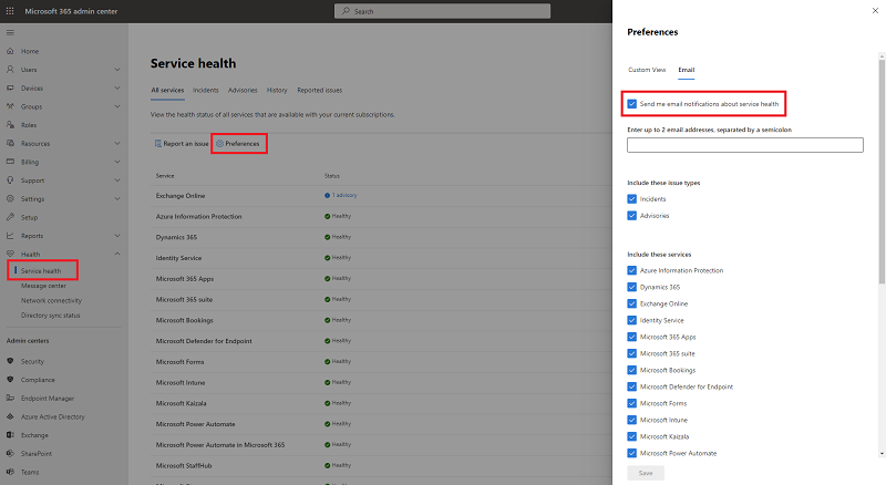 Microsoft 365 admin center - Message center email preferences pane.