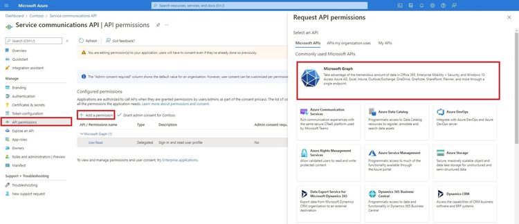 Adding the Microsoft Graph API to the newly created app registration in Azure Active Directory.