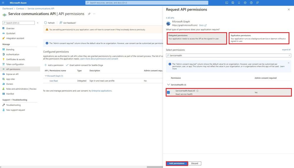 Adding the ServiceHealth.Read.All permission to the newly created app registration in Azure Active Directory.