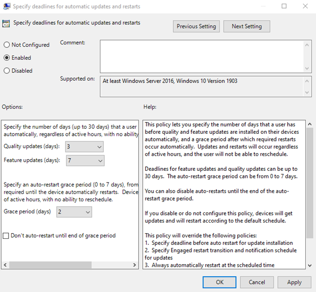 Screenshot of where you can set deadlines for automatic updates and restarts using Group Policy