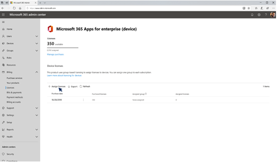 Assigning licenses to devices in Microsoft 365 admin center.png