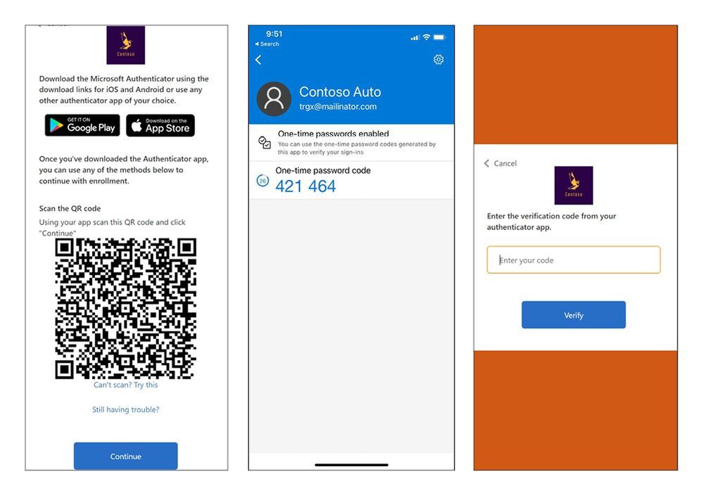 In this B2C user flow, a Contoso customer is prompted to complete authentication using time-based OTP with the Microsoft Authenticator application.