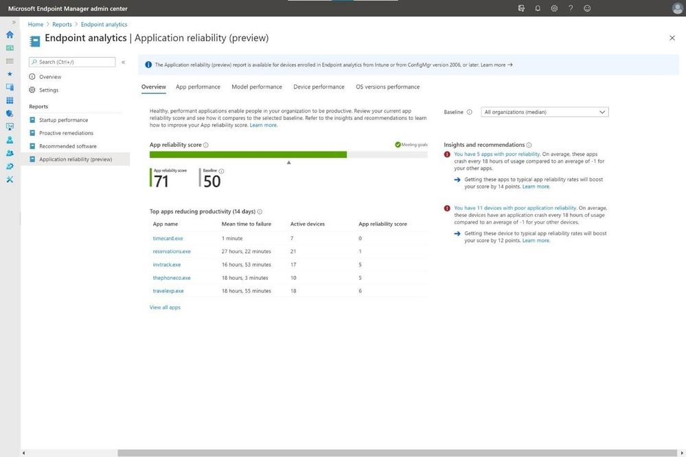 Screenshot of the Application reliability preview in Endpoint analytics