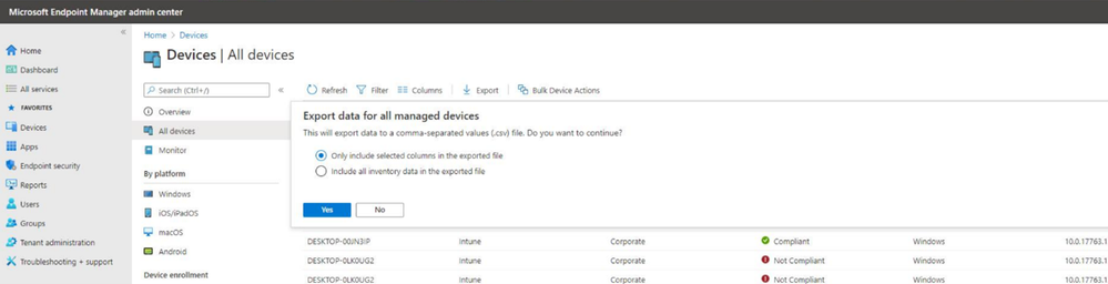 Screenshot of the export data function in Microsoft Endpoint Manager