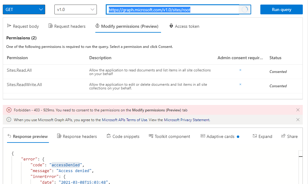 "accessDenied" while calling "https://graph.microsoft.com/v1.0/sites ...